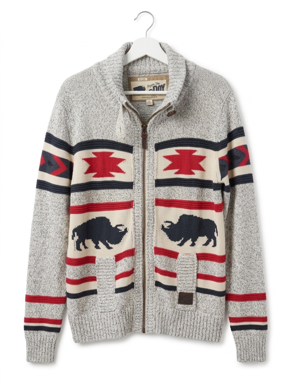 Superdry Gray Zip-Up Sweater with Red & Navy Aztec Motif